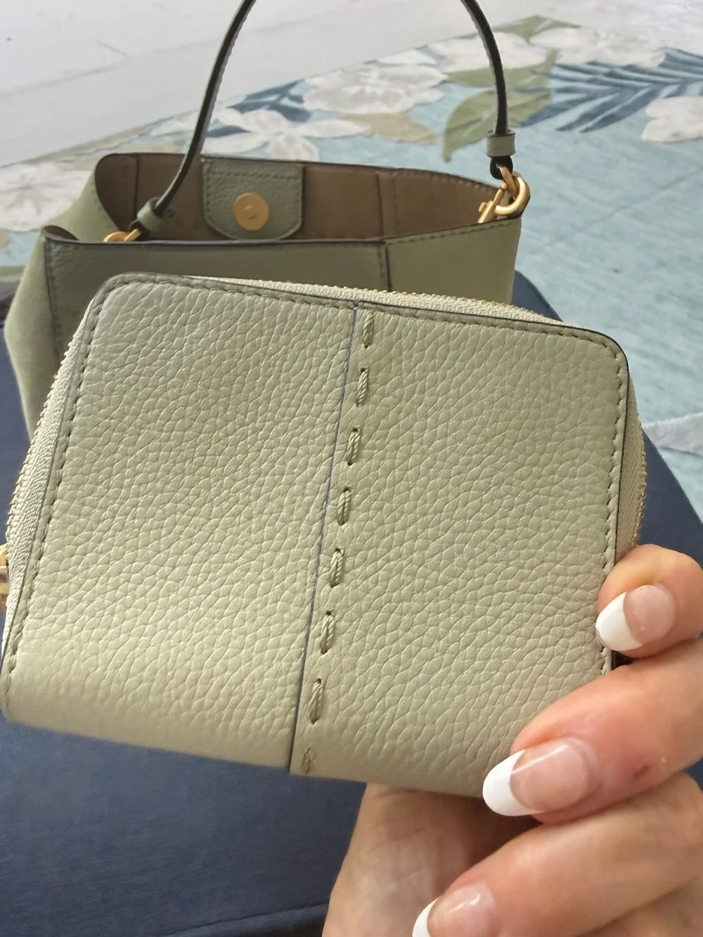 Tory Burch Pebbled Zip Card Wallet in Sage Green and Tory tote